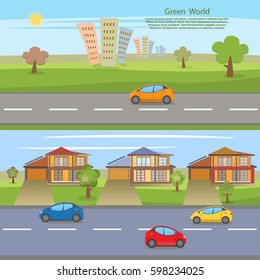 Green World. Save the planet. Modern urban landscape. Environmentally friendly cars. Renewable resources. Vector illustration