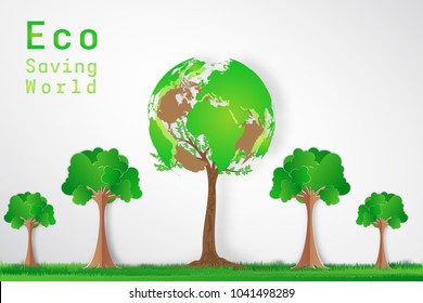 Green world and tree as nature , environment conservation , Eco and saving the earth day concept. Vector illustration.