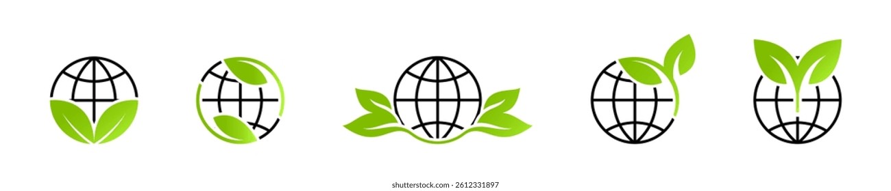 Green world vector icons. Eco-Friendly Globe Vector Icons with Leaf Elements Set
