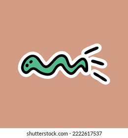 green worm with black outline crawls fast, doodle