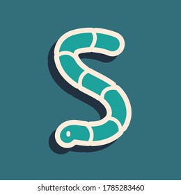 Green Worm icon isolated on green background. Fishing tackle. Long shadow style. Vector