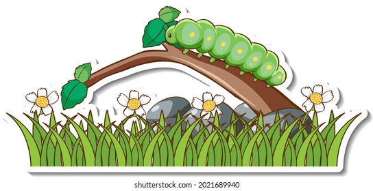 Green worm on a branch with grass field sticker illustration