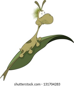 Green worm on a leaf. Cartoon