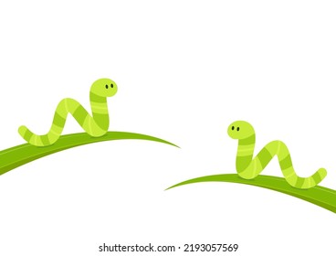 Green worm vector. Worm cartoon vector. free space for text. Green worm on the leaf.