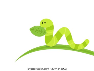 Green worm vector. Worm cartoon vector. free space for text. Green worm on the leaf.