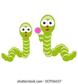Green worms on white background.  Vector illustration.