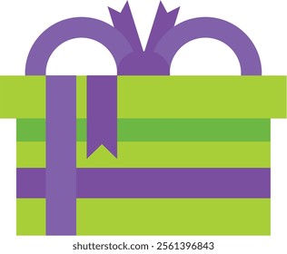 Green wrapped gift box decorated with purple ribbon and bow, representing a thoughtful present for a birthday, holiday, or any special occasion