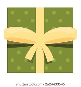 Green wrapped gift box with yellow ribbon and a bow on a white background