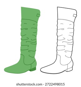 Conjunto de línea plana plus para mujer de bota alta hasta la rodilla envuelta en verde. Textura fruncida con detalle de hebilla para la noche de música. Ilustración de moda técnica Maqueta CAD Vector mixto hombres unisex estilo chic aislado