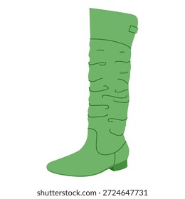 Grün verpackt schlampig Knie-High Boot Frauen flaches Paar. Geraffte Textur mit Schnalle Detail für Boho, ethnisch. Technische Mode-Illustration CAD mokup glatte Vektor Männer unisex isoliert glamourösen Stil
