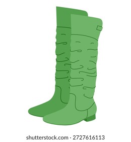 Verde empacotada escroto joelho-alta botas mulheres par liso. Textura ruched com detalhe fivela para festival boêmio. ilustração de moda técnica CAD mockup refinado vetor homens unisex isolado estilo moderno