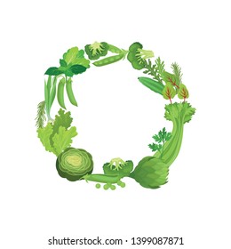 Green wreath of fresh vegetables. Vector illustration on white background.