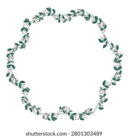 Green Wreath Hexagonal Border Frame With Green Leaves And Red Cherry Berries