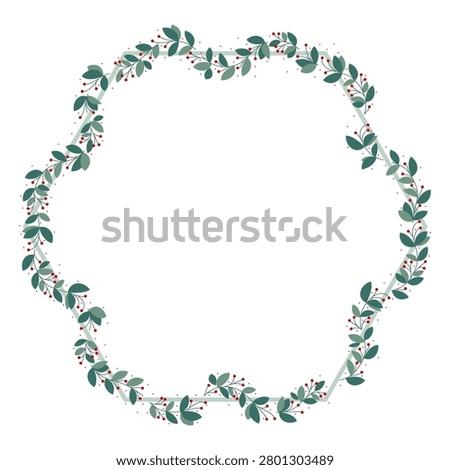 Green Wreath Hexagonal Border Frame With Green Leaves And Red Cherry Berries
