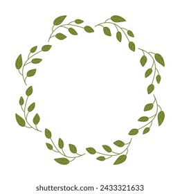 Green Wreath of laurel like Leaves drawn by hand with empty place for text. Leafy Spring Frame for congratulations quotes with copy space. Minimalist vector illustration