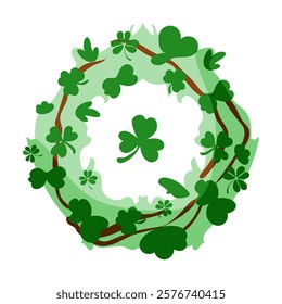 A green wreath with many leaves and a shamrock in the center. The shamrock is surrounded by other leaves and branches