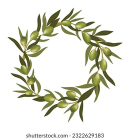 Green wreath with olive branch and green olives. Vegetarian food and healthy lifestyle.