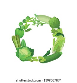 Green wreath of plain vegetables and leaves. Vector illustration on white background.