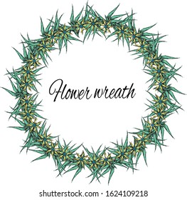 Green wreath of prickly plants. Vector hand-drawn ink illustration.