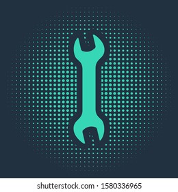 Green Wrench icon isolated on blue background. Spanner repair tool. Service tool symbol. Abstract circle random dots. Vector Illustration