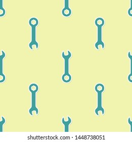 Green Wrench icon isolated seamless pattern on yellow background. Spanner repair tool. Service tool symbol.  Vector Illustration