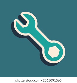 Green Wrench spanner icon isolated on green background. Long shadow style. Vector