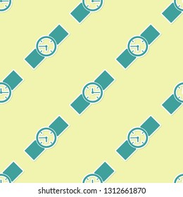 Green Wrist watch icon isolated seamless pattern on yellow background. Wristwatch icon. Flat design. Vector Illustration