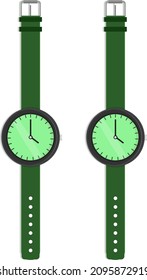 Reloj de muñeca verde, ilustración, vector sobre fondo blanco.