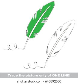 Green Writing Feather to be traced only of one line, the tracing educational game to preschool kids with easy game level, the colorful and colorless version.