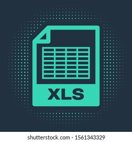 Green XLS file document. Download xls button icon isolated on blue background. Excel file symbol. Abstract circle random dots. Vector Illustration