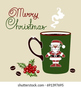 green xmas coffee cup w. brown handle & cartoon Santa Claus. Hot coffe mug with vapour along with holly berry & a few beans lying on table. Winter holiday mockup w. Handwritten Merry Christmas text