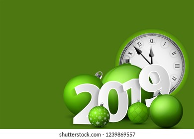 Green Xmas and New Year 2019 concept. Christmas balls with silver holders and vintage watch. Set of isolated realistic objects. Vector illustration