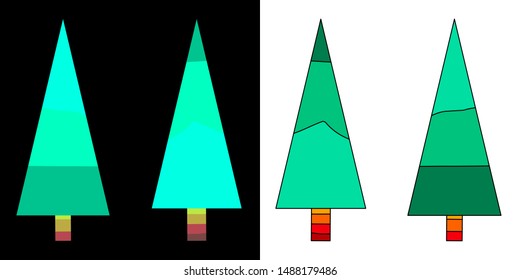 Green Xmas and New Year tree. Set 4 in 1. Single funny cartoon multicolor vector illustration for greeting cards, posters, stickers and seasonal design.