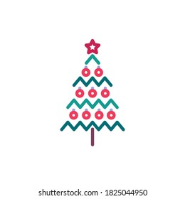 Green Xmas tree with red star and baubles flat icon, vector sign, Christmas tree colorful pictogram isolated on white. Symbol, logo illustration. Flat style design