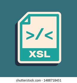 Green XSL file document. Download xsl button icon isolated on blue background. Excel file symbol. Long shadow style. Vector Illustration