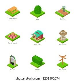 Green yard icons set. Isometric set of 9 green yard vector icons for web isolated on white background