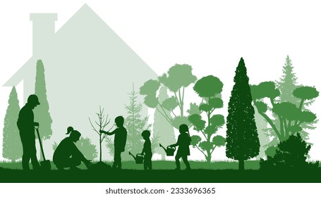 Green yard. Planting tree by famile in yard near house, silhouette. Landscaping of garden. Vector illustration