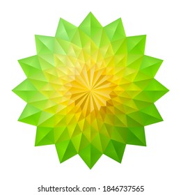 Green and yellow 3D geometric flowers. Arranged in an origami mandala style. Vector illustration.