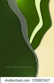 Green and yellow abstract background, wave shapes, layers, halftone, straight lines. Modern cover design. Vector illustration