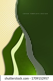 Green and yellow abstract background, wave shapes, layers, halftone, straight lines. Modern cover design. Vector illustration