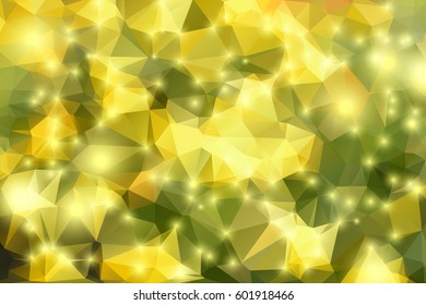 Green yellow abstract low poly geometric background with defocused golden lights