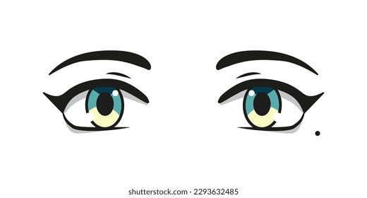 Green and yellow anime manga eyes with eyebrows and mole under the eye. Cartoon eyes in Japanese style for print.