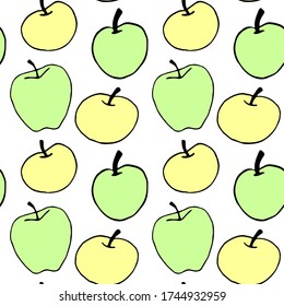 Patrón de color vectorial transparente de manzanas amarillas verdes. Fondo del otoño de verano. Perfecto para volver a la escuela, recolección de manzanas, envasado de alimentos, productos textiles de cocina