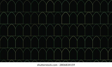 Green and yellow arch pattern on a black background, creating a repeating design. Simple lines form a decorative, organized structure across the surface.