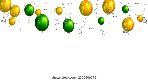 Green and yellow balloons with confetti on white background. Vector illustration.