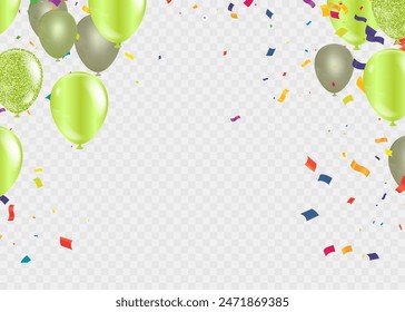 Green and yellow balloons with confetti and ribbons on transparent background