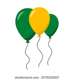 Green and yellow balloons with strings, simple design, white background, cheerful party and celebration concept