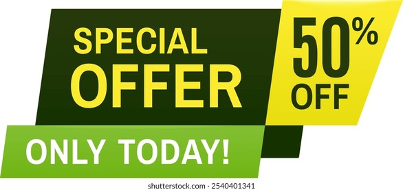 Green and yellow banner announcing a special offer with 50 percent off, valid only for today. Geometric shapes creating a sense of urgency for a limited time promotion