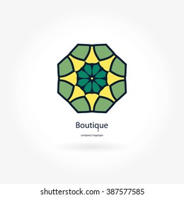 Green, yellow beautiful circular logo for boutique, flower shop, business, interior. Company mark, emblem, element. Simple geometric mandala logotype. Kaleidoscope big bud. Surround abstract blossom.