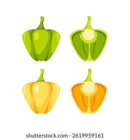 Green and Yellow Bell Peppers, Whole and Halved, Showing Seeds and Stems